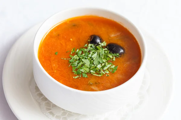 Soup solyanka with olives — Stock Photo, Image