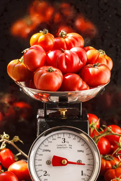 Fresh tomatoes on scale — Stock Photo, Image