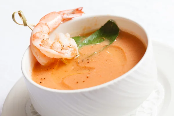 Bowl of tomato soup with shrimp — Stock Image Bowl of tomato soup with shrimp Stock Picture