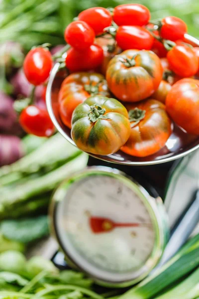 Fresh vegetables on scales — Stock Photo, Image