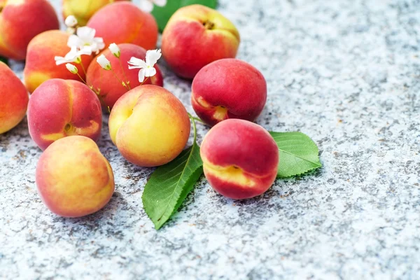 Čerstvé meruňky s listy — Stock fotografie
