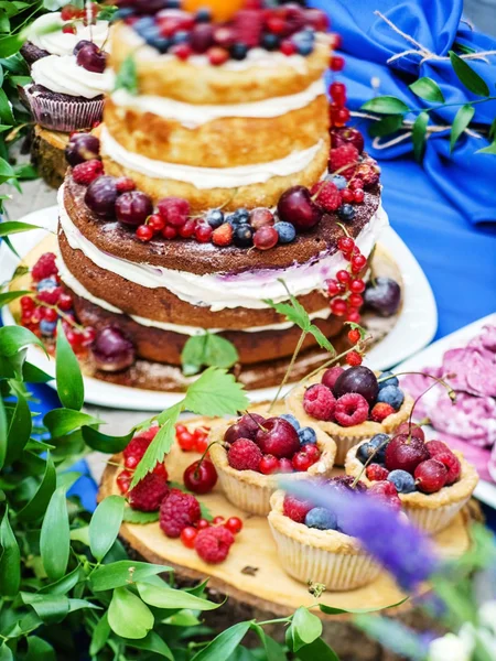 Bolo de casamento nu e cupcakes com bagas — Fotografia de Stock