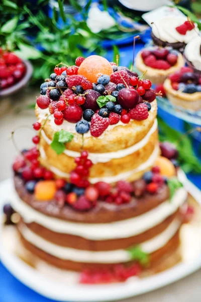 Naked wedding cake with berries — Stock Photo, Image