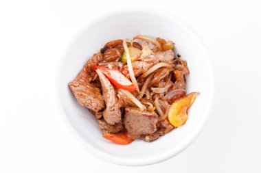 Noodles with beef in bowl clipart