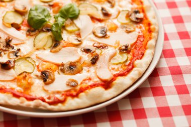 jambon, salatalık ve mantarlı pizza