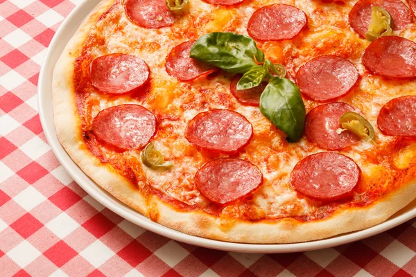 Gustosa pizza con fette di salame piccante — Foto Stock