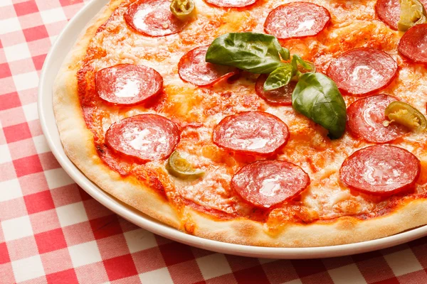 Gustosa pizza con fette di salame piccante — Foto Stock