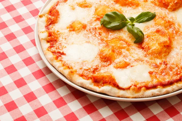 Pizza med mozzarella och basilika blad — Stockfoto