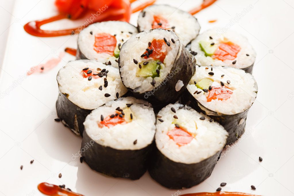 sushi rolls with salmon and cucumber