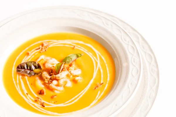 Pumpkin soup with shrimps — Stock Image Pumpkin soup with shrimps Royalty Free Stock Images