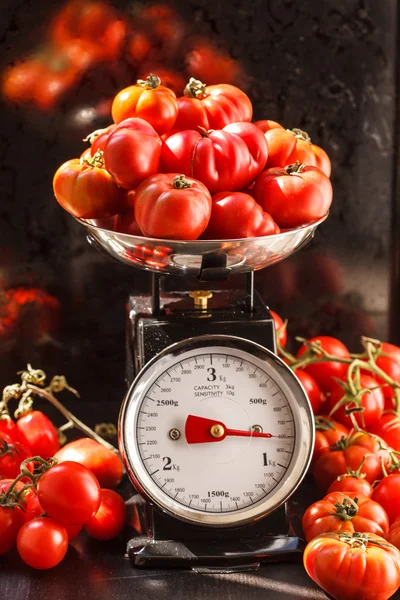 Ripe red tomatoes on scales — Stock Photo, Image