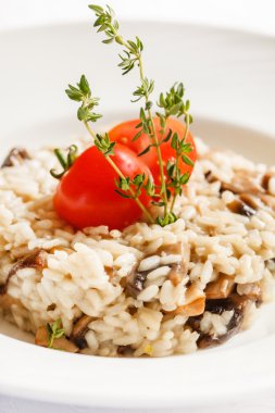 plaka üzerinde mantarlı risotto