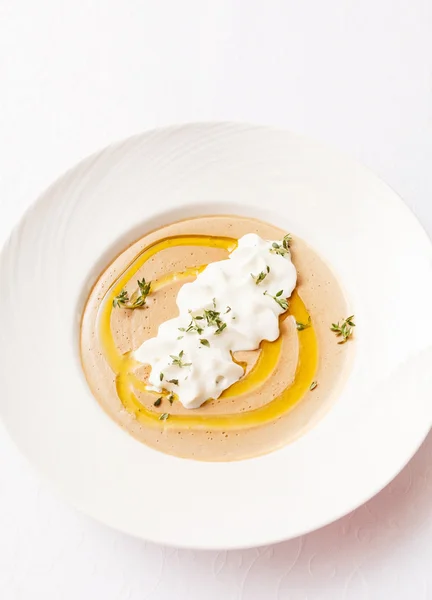 Mushroom cream soup in plate — Stock Photo, Image