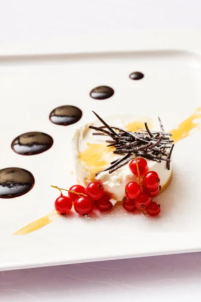 Bolo de queijo com bagas e molho de chocolate — Fotografia de Stock