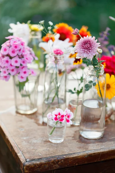 Small flowers in bottles — Stock Photo, Image