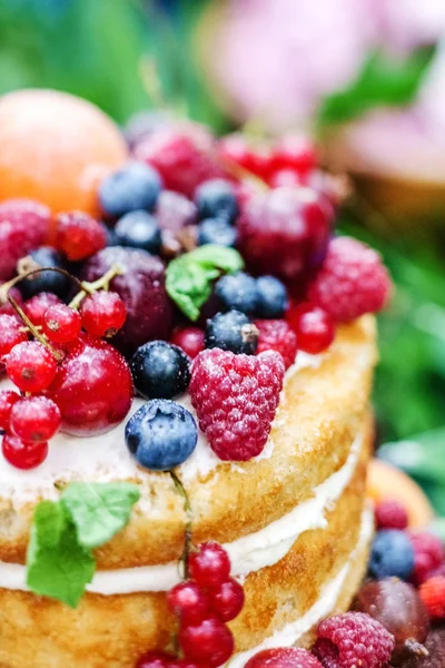 Naked wedding cake with berries — Stock Photo, Image