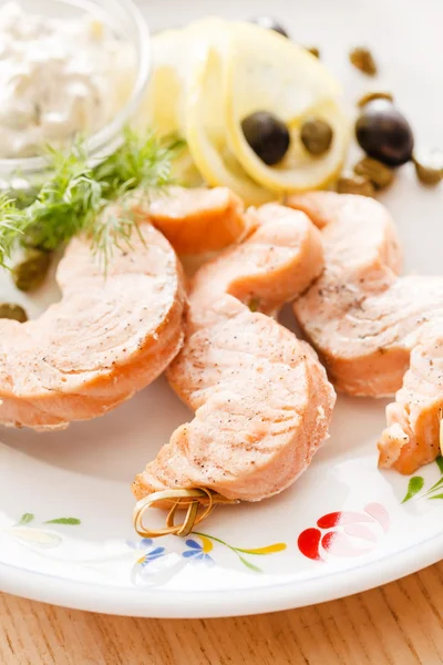 Salmon with lemon plate — Stock Photo, Image