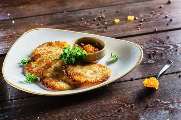 Potato pancakes with caviar — Stock Photo, Image