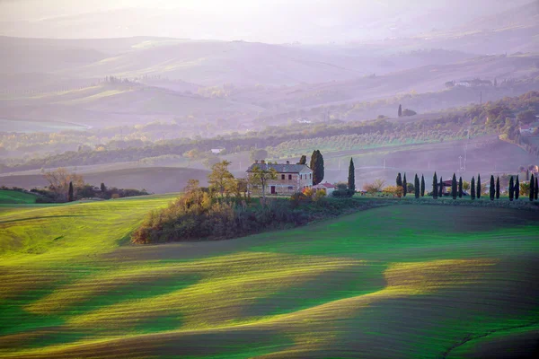 Campos no vale ao pôr do sol — Fotografia de Stock