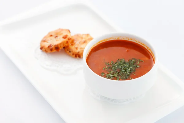 Tomato soup in plate — Stock Photo, Image