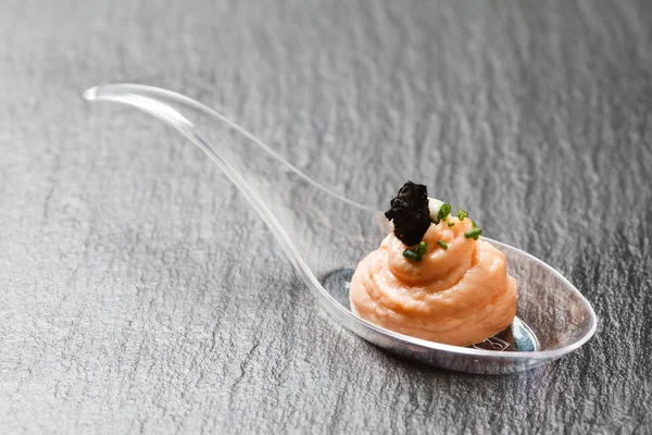 Tasty salmon pate in spoon — Stock Photo, Image