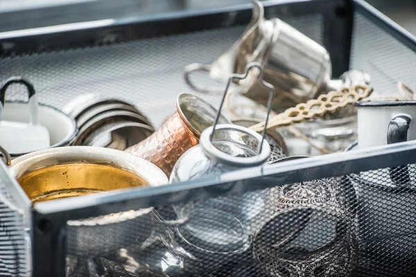 Vintage dishes in basket — Stock Photo, Image