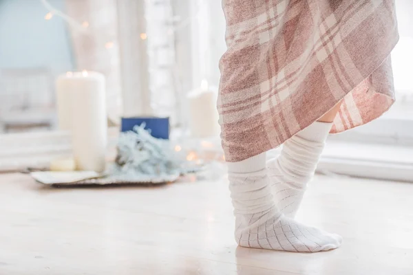 Woman in socks and plaid — Stock Photo, Image