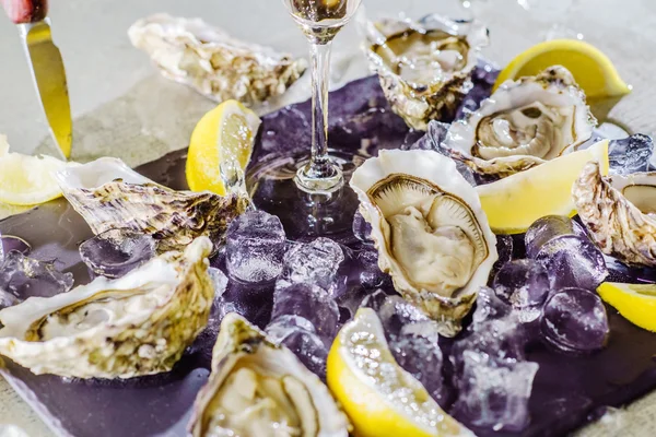 Ostras frescas con limones — Foto de Stock