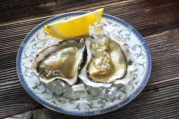 Fresh oysters  with ice and lemon — Stock Photo, Image