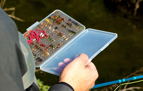 Fly fisherman  chooses a fly — Stock Photo, Image