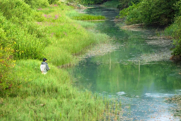 Pêcheur de mouche dans une rivière de montagne — Photo
