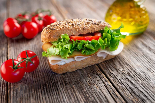 Tasty Sandwich Wooden Background — Stock Photo, Image