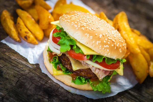 Burger és sült krumpli — Stock Fotó