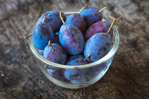 Fresh plums in glass bowl — Stockfoto