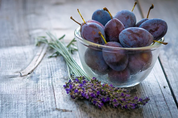Fresh plums in glass bowl — Stock Photo, Image
