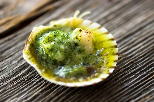 Baked  scallop with herb butter — Stock Photo, Image