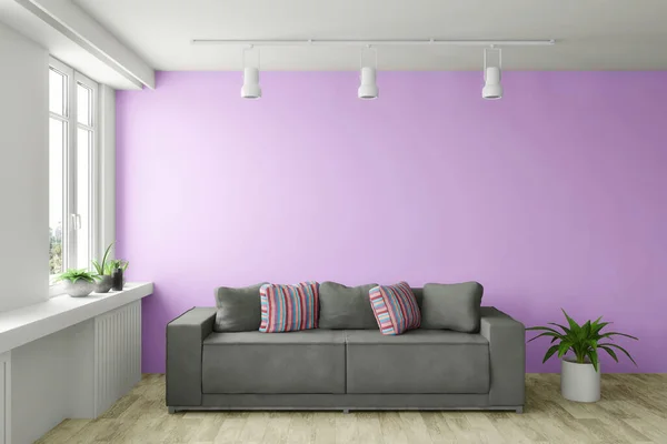 Einfaches Zimmer Ohne Menschen Mit Braunem Sofa Und Grüner Pflanze — Stockfoto