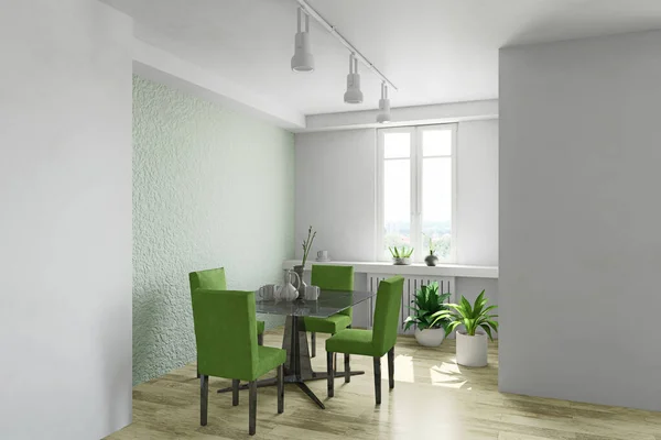 Contemporain Intérieur Simple Salle Manger Avec Table Chaises Plantes Design — Photo