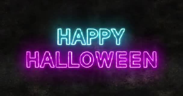 Happy Halloween Neon Flammenden Blinkenden Text Mit Glut Effekt Auf — Stockvideo