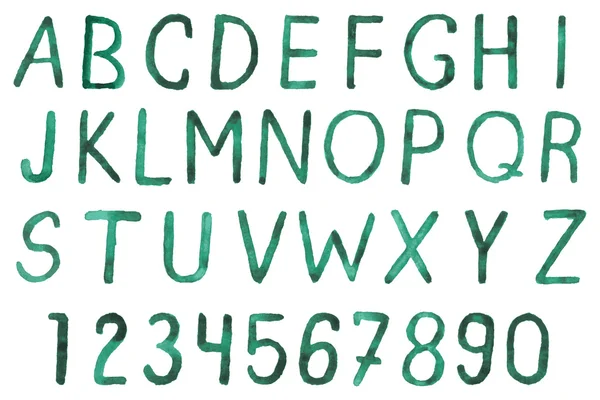Aquarell handgezeichnete Schrift: Alphabet und Zahlen — Stockvektor