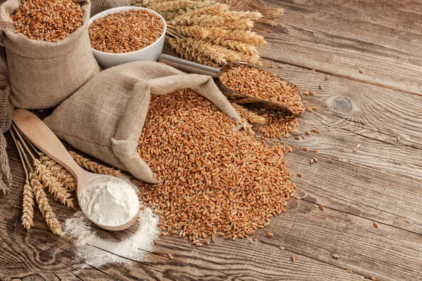 Wheat Bag Flour Spikelets Wooden Table — Stock Photo, Image