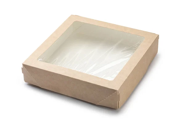 Lege kraftkarton doos met transparant raam geïsoleerd op witte achtergrond. — Stockfoto