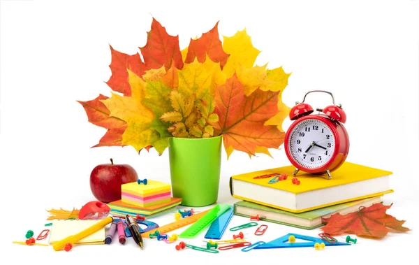 Back School Concept Bright Stationery Alarm Clock Autumn Leaves Isolated — Φωτογραφία Αρχείου