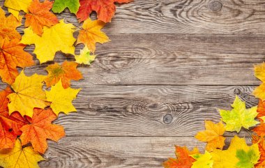 Üst manzara turuncu ve sarı sonbahar yaprağı ahşap zemin üzerinde.