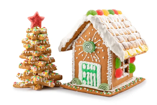 Homemade Gingerbread House Spruce Isolated White Background — Stock Photo, Image