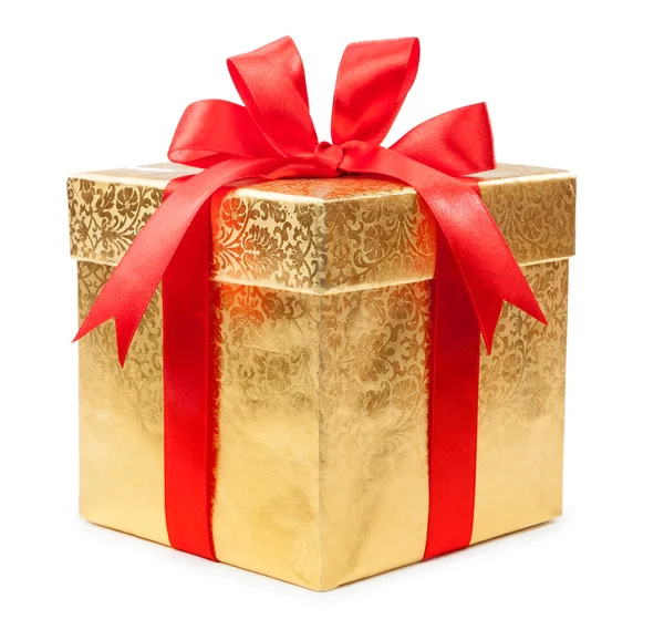 Gold box with red bow — Stock Photo, Image