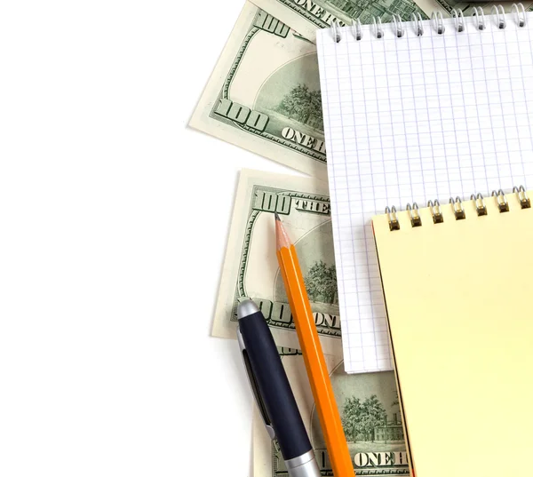 Calculatrice, argent, carnet et stylo — Photo