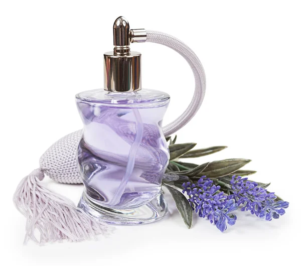 Perfume in the bottle and lavender pulverizer — Stock Photo, Image