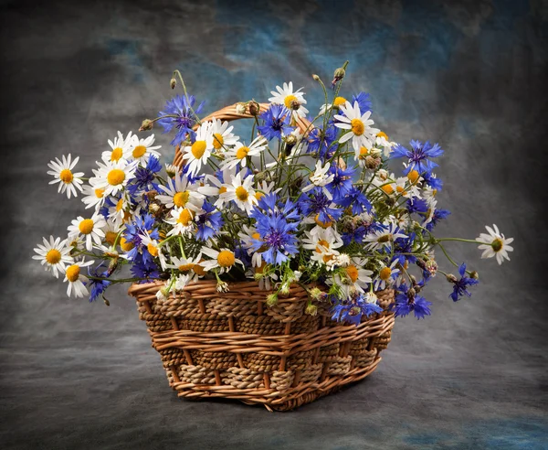 Gänseblümchen und Kornblumen im Korb — Stockfoto