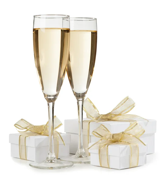 White boxes with glasses of champagne — Stock Photo, Image